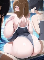 3girls absurdres ass black_hair breasts brown_hair commentary_request gigantic_breasts glasses highres huge_ass long_hair looking_back multiple_girls nicorima okuyama_nanako_(nicorima) one-piece_swimsuit open_mouth original pool sitting swimsuit twintails