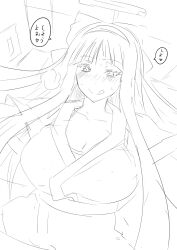 1girls ainu_clothes big_breasts blush breasts busty cleavage cosplay female female_only hair_ribbon huge_breasts hyouka japanese_text kouchi_ayako long_hair looking_at_viewer monochrome nakoruru nakoruru_(cosplay) naughty_face ribbon samurai_shodown smile snk solo tongue tongue_out translation_request voluptuous