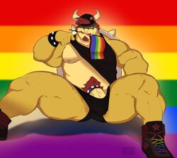 1boy bara bonicfan123 bowser bulge clothing cock_ring flag flufflecraft gay gay_pride lifting_shirt looking_at_viewer male male_only mario_(series) muscles muscular nipples penis penis_peek pride_color_flag pubic_hair rainbow simple_background sitting solo spread_legs suggestive_look