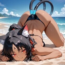 (titancore) ai_generated beach bikini_bottom bikini_top black_hair cat_ears cat_girl cat_humanoid cat_pose cat_tail curvy_figure head_markings monster_girl multicolored_tails naughty_face nekomiya_mana small_breasts tan_body tan_skin teasing_viewer thiren video_game_character zenless_zone_zero