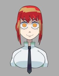 big_breasts breasts chainsaw_man deebz eyebrows eyelashes female glistening_hair grey_background light-skinned_female light_skin looking_at_viewer makima_(chainsaw_man) makima_fart_inflation meme menacing_look nightmare_waifu red_hair reference scary scary_eyes scary_face smile smiling_at_viewer suit suit_and_tie tie yellow_pupils