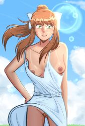 blush bowtie brown_hair clouds doki_doki_literature_club effectively_nude embarrassed embarrassed_naked_female embarrassed_nude_female enf female functionally_nude functionally_nude_female green_eyes monika_(doki_doki_literature_club) naked nijuhinaa no_bra no_panties nude pale_skin pussy sunlight tan_body wardrobe_malfunction wet_pussy white_bowtie white_dress