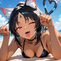 (titancore) ai_generated beach bikini_bottom bikini_top black_hair cat_ears cat_girl cat_humanoid cat_pose cat_tail curvy_figure head_markings monster_girl multicolored_tails naughty_face nekomiya_mana small_breasts tan_body tan_skin teasing_viewer thiren video_game_character zenless_zone_zero