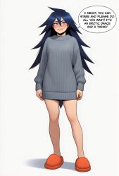 ai_generated arms_at_sides bare_legs black_hair blue_eyes blue_hair blush clothing english_text female full_body grey_sweater grin hair_between_eyes long_hair long_sleeves looking_at_viewer midnight_(my_hero_academia) my_hero_academia nail_polish naked_sweater no_pants orange_footwear pink_nails red_footwear red_nails ribbed_sweater simple_background slippers smile solo speech_bubble standing sweater sweater_dress teeth white_background