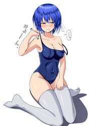 ... 1girls alternate_costume blue_eyes blue_hair blue_swimsuit blush breasts catria_(fire_emblem) cleavage closed_mouth commentary_request covered_navel female female_only fire_emblem fire_emblem:_mystery_of_the_emblem fire_emblem:_shadow_dragon_and_the_blade_of_light headband medium_breasts nintendo one-piece_swimsuit oyashimakanya school_swimsuit short_hair simple_background sitting solo spoken_ellipsis strap_slip swimsuit thighhighs white_background white_headband white_legwear