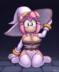 amy_rose breasts clothing female female_only looking_at_viewer on_knees pink_fur pink_hair sonic_(series) tekkua witch witch_hat