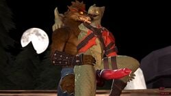 3d 3d_(artwork) anthro canid canine canis digital_media_(artwork) dire_(fortnite) dragon duo epic_games forest fortnite fortnite:_battle_royale genitals glowing glowing_eyes hand_on_hip hand_on_leg hi_res hybrid_(fortnite) male male/male male_penetrated male_penetrating male_penetrating_male mammal moon penetration penis plant sex sky_chaser source_filmmaker standing standing_sex tree video_games wolf