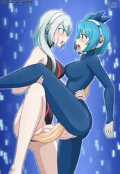 2futas android big_breasts big_penis blue_eyes blue_hair bodysuit breasts clothed clothing duo erection futa_on_futa futa_only futa_sans_balls futanari human ico_(mega_man) large_penis light-skinned_futanari light_skin looking_at_another luna_xd medium_hair mega_man mega_man_x_dive mostly_clothed mutual_penetration pale_skin partially_clothed penetration penis rico_(mega_man) robot robot_girl saliva saliva_trail sex short_hair standing tongue tongue_out vaginal_penetration