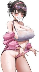 adjusting_clothes areola_slip bare_shoulders black_hair breasts buruma choker cleavage collarbone cowboy_shot crop_top da_kuronikorasu female goddess_of_victory:_nikke grin hair_bun hairband jacket large_breasts looking_at_viewer navel off_shoulder official_alternate_costume pink_buruma pink_eyes pink_jacket sideboob simple_background smile smug solo sora_(nikke) sora_(spring_flight)_(nikke) sportswear standing sweat white_background
