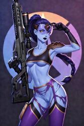 1girls ai_generated armpit artist_request bare_midriff blizzard_entertainment blue_skin braid braided_hair braided_ponytail breasts elbow_gloves exposed_pussy female female_only firearm front_view garter_belt garter_straps gloves holding_weapon long_hair looking_at_viewer medium_breasts navel overwatch purple_hair pussy rifle ripped_thong shaved_pussy solo source_request standing tagme torn_clothes underboob weapon widowmaker yellow_eyes
