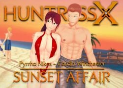 1girls 2boy acting arrancon beach big_breasts breasts brown_hair cardin_winchester cover_page cuckold half-dressed half_naked half_naked_female half_naked_male jaune_arc ntr pyrrha_nikos red_hair red_hair_female rwby string_bikini sunset swimming_trunks