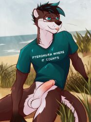 2025 anthro arm_tuft artist_logo ball_tuft balls beach black_hair black_nose blue_eyes blue_highlights bottomless brown_body brown_fur clothed clothing countershading dated elbow_tuft erection eyewear fur genitals glasses green_clothing green_shirt green_t-shirt green_topwear grey_sky hair hi_res highlights_(coloring) humanoid_genitalia humanoid_penis inner_ear_fluff logo looking_aside male male_anthro male_only mammal masteq mouth_closed mustelid on_ground otter pantsless_male penis precum_bubble print_clothing print_shirt print_t-shirt print_topwear rectangular_glasses sea shaded shirt shirt_only short_hair sitting sitting_on_ground sky slim_male solo t-shirt t-shirt_only text text_on_clothing tongue tongue_out topwear topwear_only tuft ventkazemaru water whisker_spots whiskers white_body white_fur white_inner_ear_fluff worshipable_balls