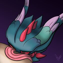 absurd_res ancient_pokemon deep_throat duo eyelashes female flutter_mane front_view generation_9_pokemon green_body hi_res human interspecies long_tongue male male/female mammal nintendo oral oral_penetration paradox_pokemon penetration pokemon pokemon_(species) purple_background red_sclera red_spikes simple_background spikes spikes_(anatomy) supermoonshroom tan_body tan_skin tongue tongue_out yellow_eyes