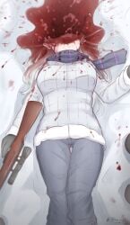 1girls blood blood_splatter brain breasts corpse death exploded_head female_death gloves gore guro headshot jacket large_breasts ndawjaidee necrophilia original pants rifle scarf sniper_rifle snuff weapon white_hair