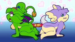 2018 accessory all_fours anal anal_sex anthro arrow_(spdy4) arrow_the_dragon arrow_xiang_long ass ass_to_ass audino bangs bedroom_eyes big_butt big_ears birthmark bite biting_lip blue_background claws clothing colored_line_art couatl curled_tail dildo double_dildo dragon duo eastern_dragon erect_nipples eyeshadow feathered_scalie feathered_snake feathers female female/female flat_colors fluffy_ears fur generation_5_pokemon gradient_background green_body hair headband heart_bubble heart_symbol hi_res highlights_(coloring) hybrid kneeling long_tail looking_pleasured magenta_eyes makeup markings maurice_(wotter16) moan multicolored_body mythological_creature mythological_scalie mythology narrowed_eyes nintendo nipples nude object_in_ass orange_highlights penetration pokemon pokemon_(species) ponytail purple_body purple_clothing purple_eyeshadow purple_fur purple_shirt purple_topwear reptile scalie scut_tail seductive sex_toy sex_toy_in_ass sex_toy_insertion sharing_double_dildo sharing_sex_toy shirt short_tail side_view simple_background snake snout spdy4 spread_wings tail tan_body tan_fur tan_skin teal_eyes thick_thighs toe_claws tongue tongue_out topwear two_tone_body vibrator vibrator_in_ass wings