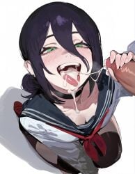1boy 1girls blush chainsaw_man choker cum cum_in_mouth cum_on_face cum_string from_above green_eyes half-closed_eyes handjob heavy_breathing kneeling purple_hair reze_(chainsaw_man) serafuku smile teeth thighhighs tongue