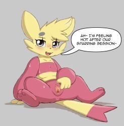 3_toes 4_fingers after_exercise anthro anus bedroom_eyes blonde_hair blush blush_lines bodily_fluids cervix cheek_tuft clitoris dialogue digital_media_(artwork) english_text eyelashes facial_tuft fangs featureless_chest feet female female_anthro fingers flat_chested friendlyfeesh generation_5_pokemon genitals grey_background grey_eyes grey_markings hair hand_on_vulva hi_res looking_at_viewer markings mienfoo multicolored_body narrowed_eyes nintendo nude nude_anthro open_mouth open_smile pokemon pokemon_(species) presenting presenting_vulva red_body red_feet red_legs seductive simple_background sitting sitting_on_ground smile smiling_at_viewer solo speech_bubble spread_legs spread_vulva spreading sweat tail talking_to_viewer teeth text three-quarter_view tilde_after_text toes tongue tuft two_tone_body two_tone_tail urethra vulva yellow_body