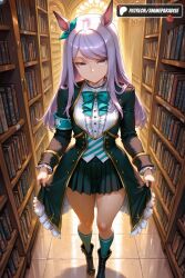1girls 2025 ai_assisted ai_generated animal_ears anime animeprds25 aqua_bow armband artist_name black_footwear black_skirt book boots bow bowtie ear_ribbon frills full_body hi_res high_quality high_resolution highres horse_ears horse_girl jacket kneehighs library long_hair long_sleeves looking_at_viewer mejiro_mcqueen_(umamusume) patreon patreon_username pleated_skirt purple_eyes purple_hair skirt skirt_hold socks solo stable_diffusion watermark