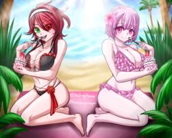 2girls black_swimsuit brave_danganronpa:_coward's_paradise cleavage danganronpa fanganronpa flower_in_hair green_eyes headband hibana_anko ice_cream kongou_hana large_breasts pink_eyes pink_hair pink_swimsuit polka_dot red_hair short_hair smile straight_hair swimsuit