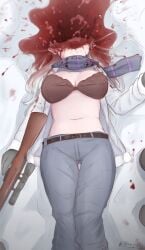 1girls blood blood_splatter bra brain breasts corpse death exploded_head female_death gloves gore guro headshot jacket large_breasts ndawjaidee necrophilia open_jacket original pants rifle scarf sniper_rifle snuff weapon white_hair