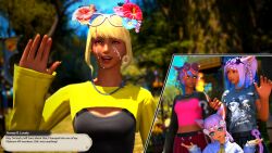 clothed confused_look cum cum_on_face dialogue_box final_fantasy final_fantasy_xiv honey_b._lovely looking_at_another miqo'te multiple_views panicked_look source_request vargoatart waving