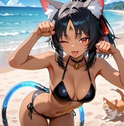 (titancore) ai_generated beach bikini_bottom bikini_top black_hair cat_ears cat_girl cat_humanoid cat_pose cat_tail curvy_figure feline head_markings monster_girl multicolored_tails naughty_face nekomiya_mana small_breasts tan_body tan_skin teasing_viewer thiren video_game_character zenless_zone_zero