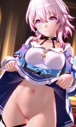 1girls ai_generated blush busty choker cute cute_face flashing honkai:_star_rail looking_at_viewer march_7th_(honkai:_star_rail) no_panties pussy smile thigh_strap thighs