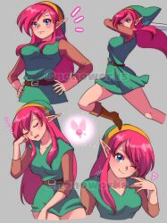 1girl 1girls a_link_to_the_past attacking bare_legs blue_eyes boots brown_shirt clothed compilation elf_ears fairy female green_hat green_tunic hylian hylian_ears jumping link_(a_link_to_the_past) multiple_drawings no_sex nonoworks pink_hair pointy_ears rule_63 safe_for_work same_person sleeping solo sword the_legend_of_zelda winking_at_viewer