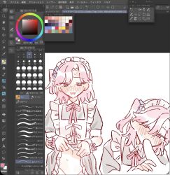 2boys apron apron_lift art_program_in_frame blank_censor blue_eyes blush censored clothes_lift crossdressing crossdressing_(mtf) disembodied_penis dress dress_lift fellatio grey_dress groin hand_on_another's_crotch highres hyoutenka_30-do_no_zetsubou maid male_maid mole mole_under_eye multiple_boys multiple_views navel neck_ribbon one_side_up oral pastel_colors penis pink_hair puffy_short_sleeves puffy_sleeves ribbon sharp_teeth short_sleeves sr_en_km sweat teeth tonimura_yui white_apron wrist_cuffs yaoi