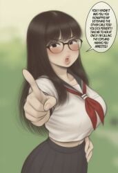 18yo accusation ai_generated asian asian_female asian_girl big_breasts blush brat bratty confrontation curvy cute dark_hair detective dialogue expressive fetish glasses hand_on_hip imminent_kidnapping original_character part_1 part_of_a_series part_of_a_set plump_lips pointing pointing_at_viewer pretty_girl school_uniform schoolgirl schoolgirl_uniform shapely skirt story tasktaker teenager