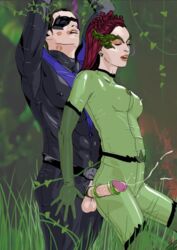 1boy 1girls batman_(series) batman_and_robin bondage cfnm clothed_female_nude_male dc dc_comics dick_grayson dizzlar female femdom handjob lipstick_mark lipstick_on_penis male nightwing orgasm_denial penis poison_ivy tease teasing tentaclejob vines