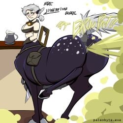 anus ass beverage big_butt black_body butt_focus centaur container cup dialogue equid equid_taur european_mythology fart fart_cloud fart_fetish frankie_thunderburk greek_mythology hair hi_res humanoid_taur intersex looking_back looking_pleasured mammal mammal_taur markings mythology onomatopoeia simple_background solo sound_effects speech_bubble spots spotted_body superholdit tail taur text watermark white_hair white_tail