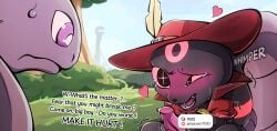 absurd_res anthro arbok bodily_fluids boolu_(ttux3) cape clothing crying dark_body dark_fur dialogue eeveelution fur generation_1_pokemon generation_2_pokemon genital_fluids hat headgear headwear heart_symbol hi_res mostly_nude nintendo outside_sex pokemon pokemon_(species) precum saliva saliva_string sex size_difference smile tears tears_of_pleasure ttux3 umbreon whimper