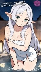1girls ai_generated bath bathing blush blush_lines breasts busty busty_female cleavage dark elf elf_ears elf_female elf_girl english english_dialogue english_text fanart female female_only frieren frieren_beyond_journey's_end green_eyes head_tilt jorgecarlosai lamp leaning_forward long_hair night night_sky onsen pointy_ears sexy sexy_body sexy_female sexy_pose silver_hair solo sousou_no_frieren text toned toned_female towel towel_only towel_wrap water watermark