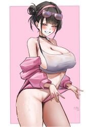 adjusting_clothes areola_slip bare_shoulders black_hair border breasts buruma choker cleavage collarbone cowboy_shot crop_top da_kuronikorasu female goddess_of_victory:_nikke grin hair_bun hairband jacket large_breasts looking_at_viewer navel off_shoulder official_alternate_costume pink_background pink_buruma pink_eyes pink_jacket sideboob simple_background smile smug solo sora_(nikke) sora_(spring_flight)_(nikke) sportswear standing sweat white_border