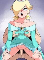 1boy 1girls bent_over blonde_hair blue_dress blush bottomless breast_grab breasts censored crown dress dress_lift earrings faceless_male female female_focus female_pubic_hair flipped_hair from_behind green_eyes hair_over_one_eye hands_on_knees long_hair mario_(series) mosaic_censoring nintendo nose_blush old_school_academy open_mouth partially_clothed penis plump_labia plump_lips princess princess_rosalina pubes pubic_hair pussy sex shoulderless_dress small_breasts spread_legs star_earrings sweat unseen_male_face vagina vaginal_penetration vaginal_sex