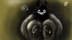 backrooms backrooms_creature black_body black_fur black_hair black_nipples breast_grab breasts claws entity female female_only furry furry_only hi_res karelia_(acerattman) lunnybunny pierced_nipples piercing sharp_teeth smiler_(the_backrooms) text text_bubble the_backrooms white_eyes