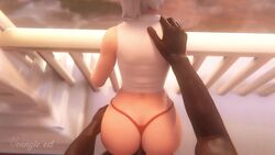 1boy 1girls 3d animated ashe_(overwatch) ass ass_jiggle balcony blender butt clapping_cheeks dark-skinned_male dark_skin doggy_style female female_focus hand_on_shoulder interracial large_ass male moaning open_mouth overwatch panties panties_aside penetration pov red_eyes solo_focus sound straight thong underwear video video_games white_hair youngiesed