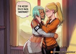 2girls ai_generated amadeus_v athletic bed bedroom blonde_hair blue_eyes blush clothes cowboy_shot curvy dark_skin embrace evening eye_contact facing_each_other fuu_(naruto) green_hair hand_on_another's_cheek hand_on_another's_waist loving medium_breasts naruto_(series) open_mouth orange_eyes short_hair smile standing tender twintails uzumaki_naruko warm_lighting whisker_markings window