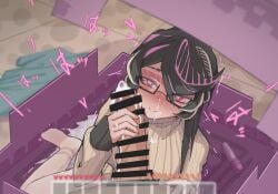 1boy 1girls amber_(hupo499179561) censored cock dick female genitals glasses handjob minecraft mob_talker penis semen shaped_pubic_hair shulker_(minecraft) text woman x-shaped_pupils