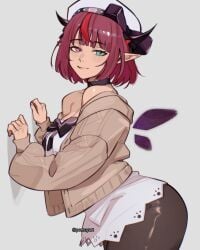 1girls arched_back ass bent_over blue_eyes breasts choker clothing exposed_shoulders fully_clothed heterochromia hololive hololive_english hololive_english_-promise- horns irys_(hololive) light-skinned_female looking_at_viewer magenta_hair nylons pink_eyes pointy_ears pomuya red_highlights stockings thick_thighs thighs virtual_youtuber wings