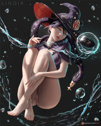 1girls anus aqua_eyes barefoot crossed_legs dark_blue_hair female female_only genshin_impact hat highres legs linoir lips lipstick long_hair looking_away mona_(genshin_impact) no_panties pussy pussy_peek sitting solo thick_thighs thighs vagina witch_hat