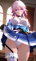 1girls ai_generated blush busty choker cute cute_face flashing honkai:_star_rail looking_at_viewer march_7th_(honkai:_star_rail) panties smile thigh_strap thighs white_panties