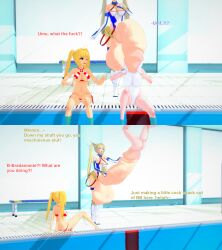 1futa 2girls 3d balls bb_(fate) bikini blonde_hair bradamante_(fate) cock_vore english_text fate/grand_order fate_(series) female futanari huge_balls huge_cock intersex koikatsu nero_claudius_(fate) nero_claudius_(swimsuit_caster) penis pool swimsuit text vore xavierhuge