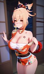 ai_generated blush cleavage genshin_impact teasing thighs yoimiya_(genshin_impact)