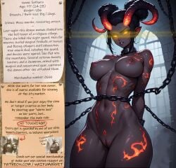 ai_generated anime big_breasts bondage bounty_hunters chains collar dark_skin demon edited evil fantasy female fictional glowing_eyes glowing_markings glowing_tattoo horns market marks_on_body naked nude photoshop roleplay slave slavegirl slavery tattoos waifu yellow_eyes
