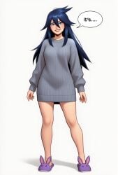 ai_generated animal_slippers black_hair blue_eyes blue_hair blush breasts clothing english_text female footwear full_body grey_sweater grin hair_between_eyes long_hair long_sleeves looking_at_viewer midnight_(my_hero_academia) mole my_hero_academia naked_sweater no_pants ribbed_sweater simple_background slippers smile solo speech_bubble standing sweater sweater_dress teeth white_background