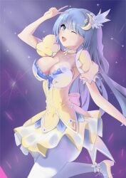 breasts date_a_live female happy_face idol idol_clothes indigo_hair izayoi_miku kuro1tanaka pantyhose silver_eyes space_background white_skin yellow_dress