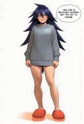 ai_generated bare_legs black_hair blue_eyes blush breasts clothing english_text female full_body grey_sweater grin hair_between_eyes long_hair long_sleeves looking_at_viewer midnight_(my_hero_academia) mole my_hero_academia nail_polish naked_sweater no_pants red_footwear red_nails simple_background slippers smile solo speech_bubble standing sweater sweater_dress teeth white_background