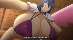 blue_hair bouncing_breasts caption couch gigantic_breasts imminent_sex maken-ki! massive_breasts nijou_aki purple_bra screenshot teasing